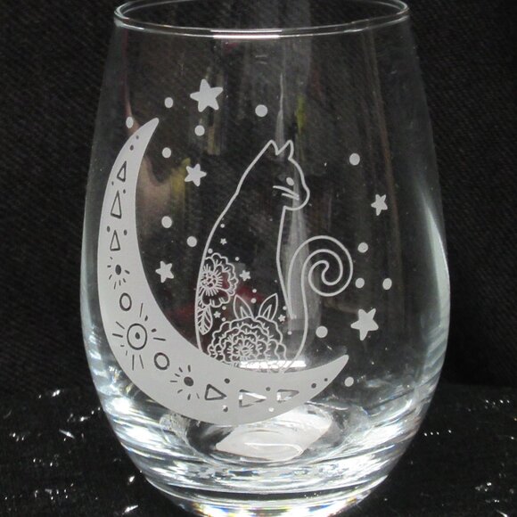Set of 2 Witchy Cat Moon Stemless Wine Glasses - Picture 2 of 2